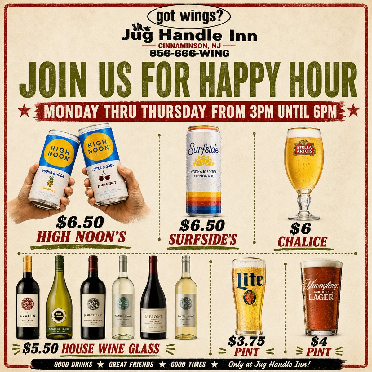 Happy Hour, Monday through Thursday 3–6 PM at The Jug Handle Inn