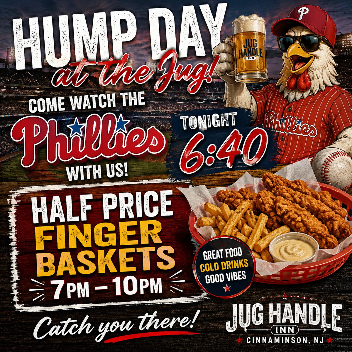 Hump Day — watch the Phillies with half-price finger baskets at The Jug Handle Inn