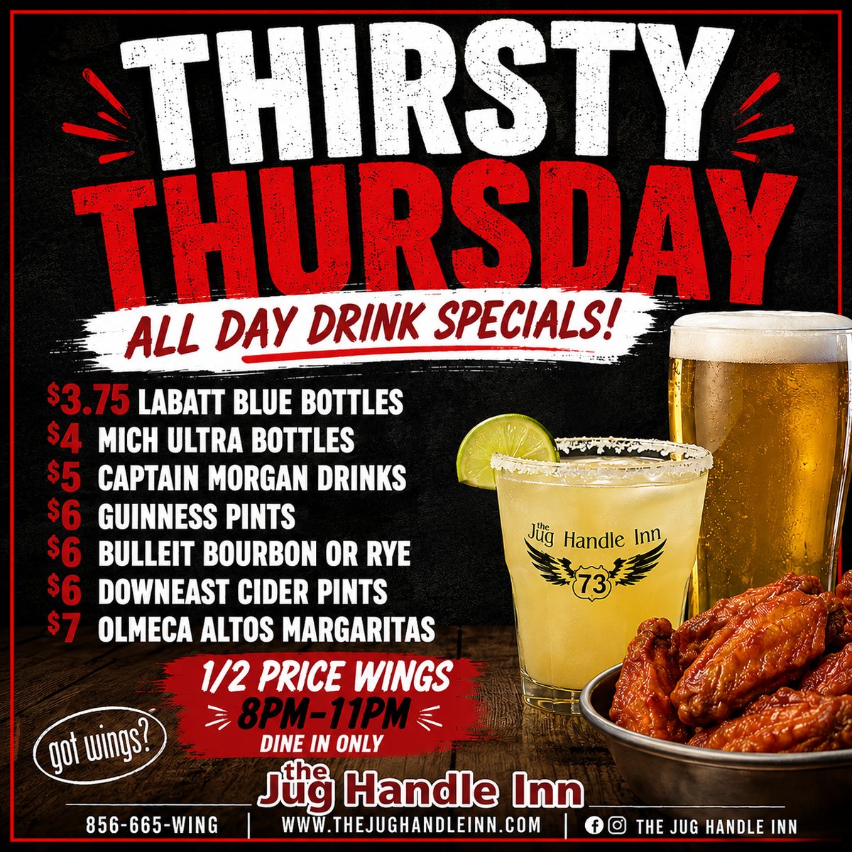 Thirsty Thursday all-day drink specials at The Jug Handle Inn