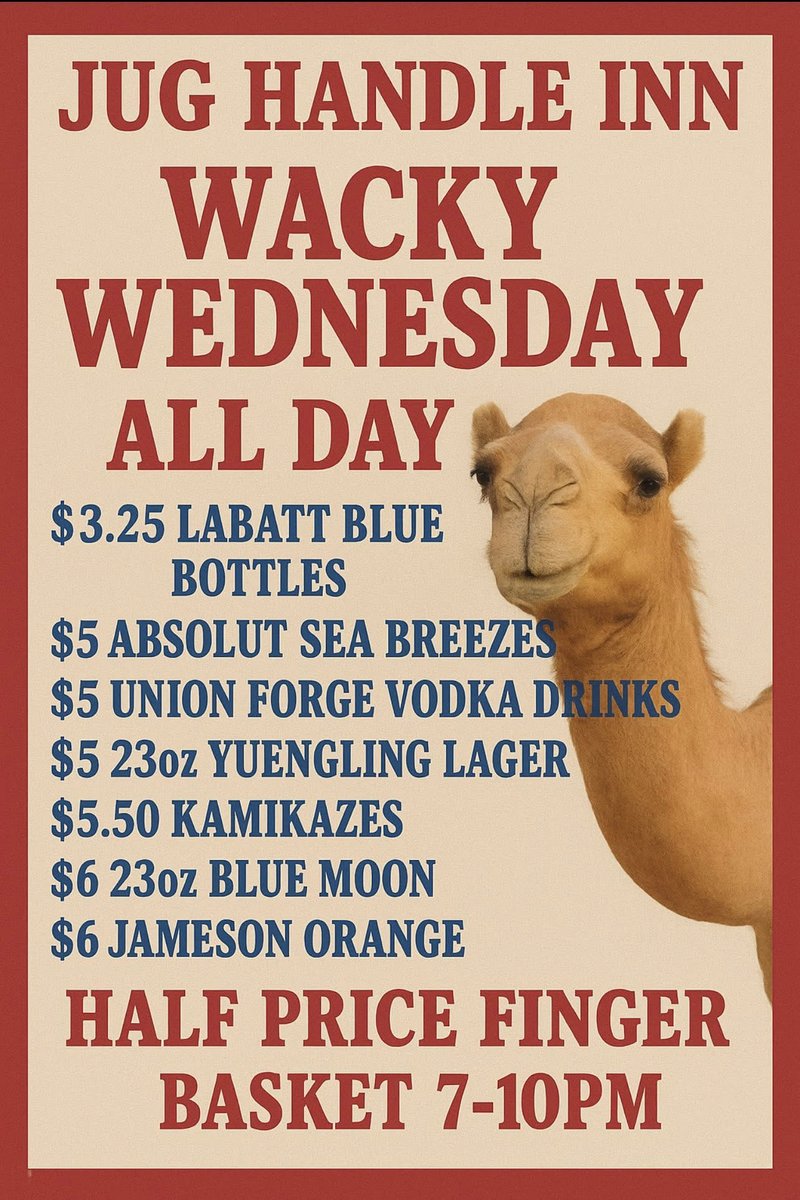 Wacky Wednesday all-day specials at The Jug Handle Inn